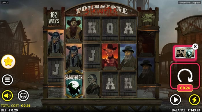Tombstone Slaughter -kolikkopelin villin lännen ruudukko, jossa asemiehiä, pahiksia ja Slaughter-bonusymbolii.