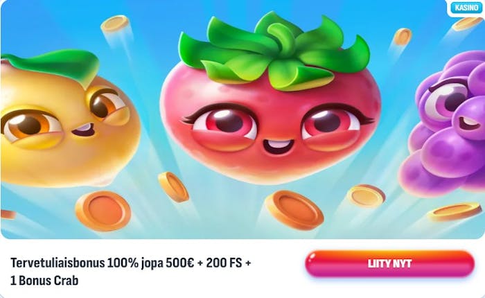 Nomini Casino tarjoaa ison tervetulobonuksen, joka sisältää talletusbonusta, ilmaiskierroksia ja Bonus Crab -krediitin.