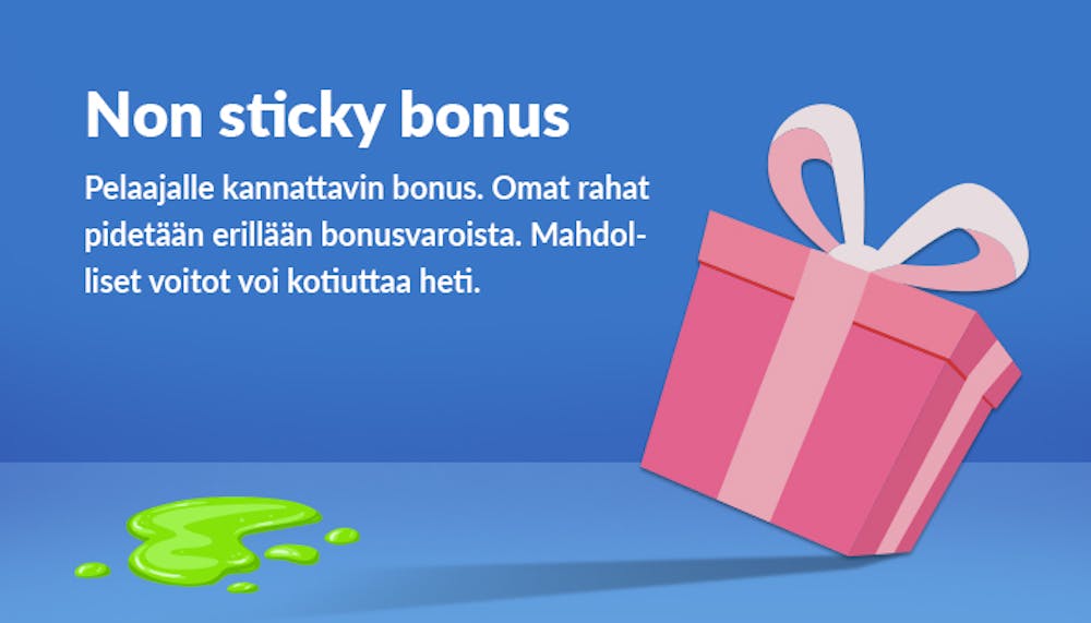 Piirros lahjapaketista, ja kuvaus siitä miksi non sticky bonus on pelaajalle hyvä bonus sen ehtojen takia.