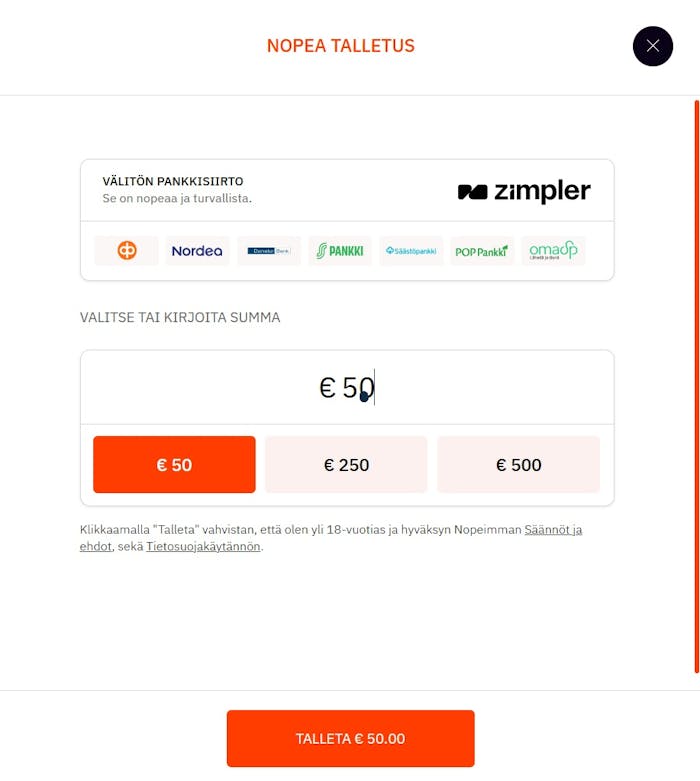 Nopein Casino Zimpler talletus 50 eurolla.
