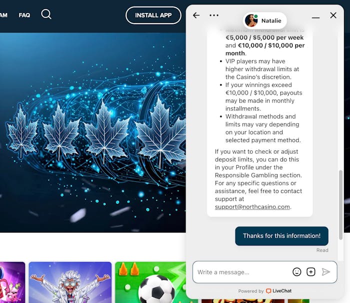 Keskustelu North Casinon live-chatissa