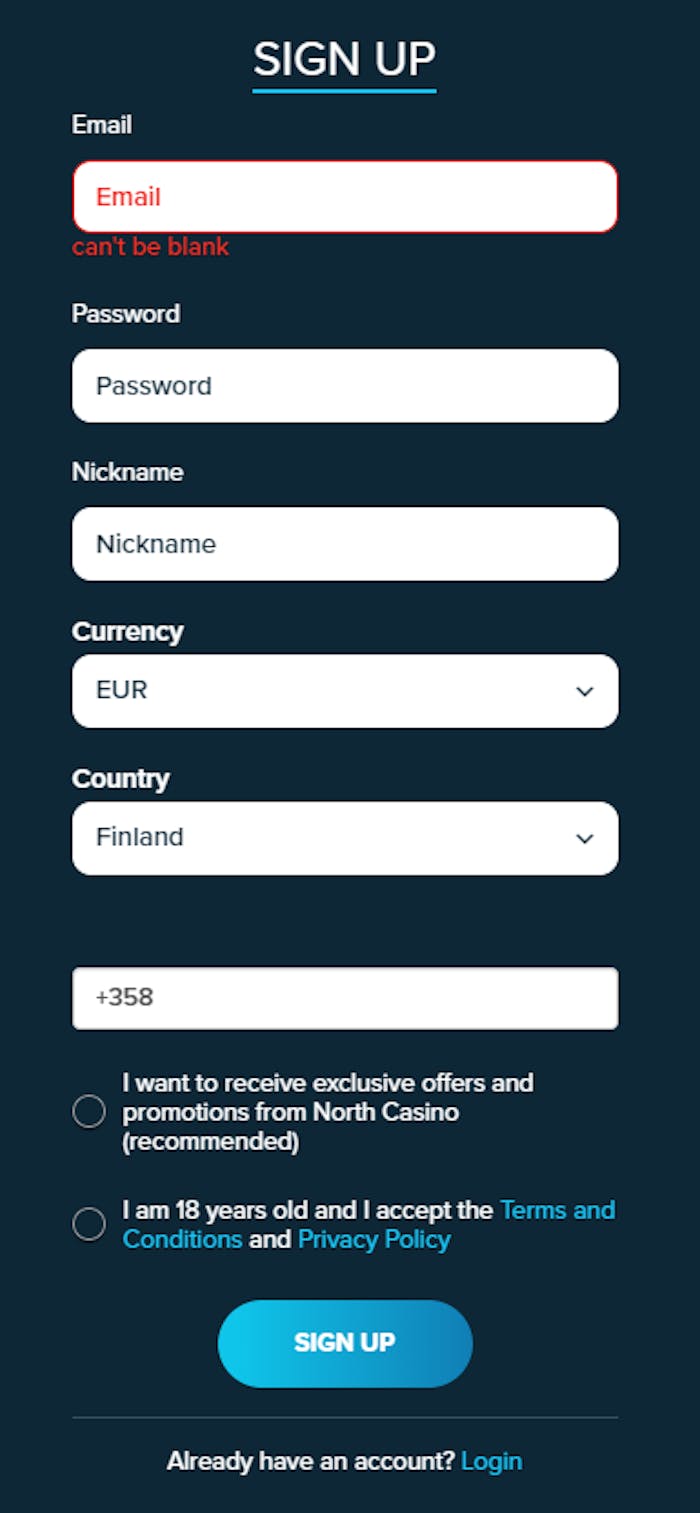 North Casinon rekisteröitymislomake ja tilin luominen