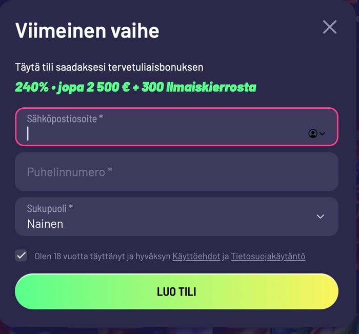 Tuff Puff Casinon rekisteröitymislomake.