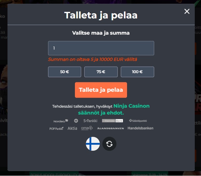 Ninja Casinon talletusnäkymä, jossa pelaaja syöttää talletussumman ja valitsee ”Talleta ja pelaa”.