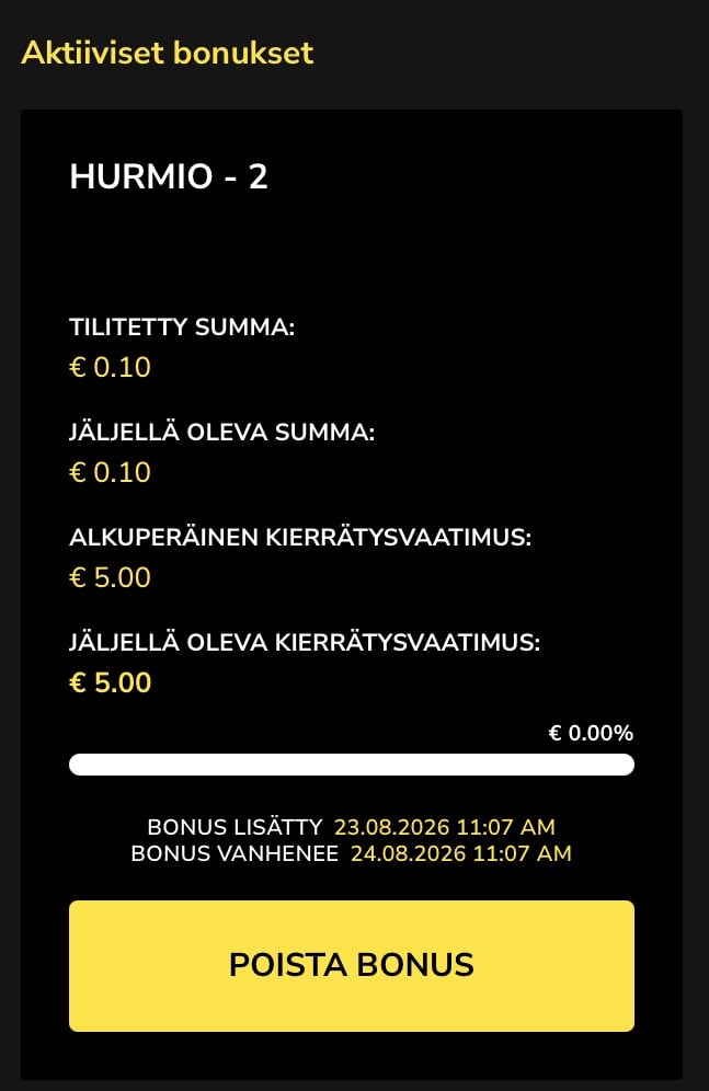 Hurmio-kasinon ilmaiskierroksista saatu 0,10 euron voitto ja 5 euron kierrätysvaatimus