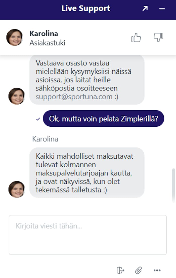 Sportuna asiakaspalvelu chat