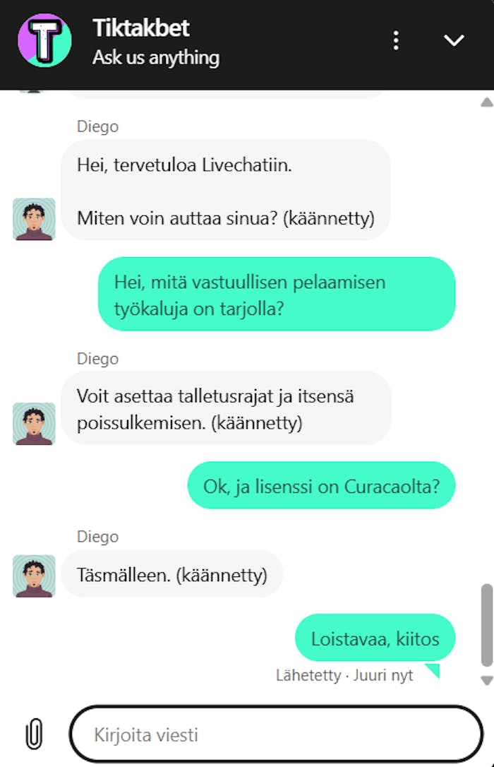 Tiktakbet chat-asiakaspalvelu
