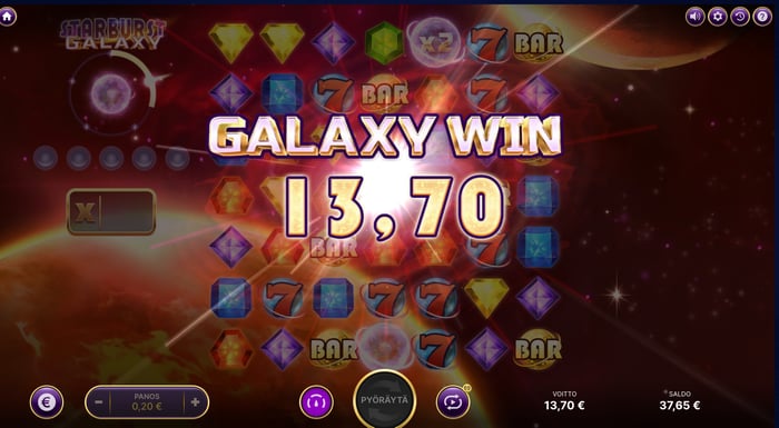 Kuva, jossa näkyy 13,79 € voitto Starburst Galaxy -pelissä.