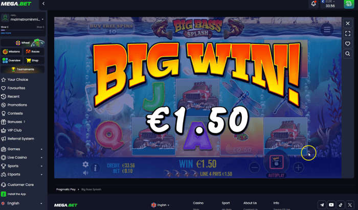 Big Bass Splashin 1,50 euron voitto MegaBetillä.