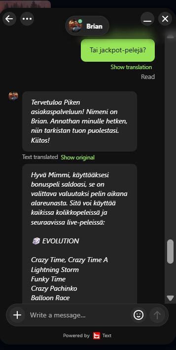 Asiakastuen vastaus jackpot-peleillä kierrättämistä koskevaan kysymykseen.