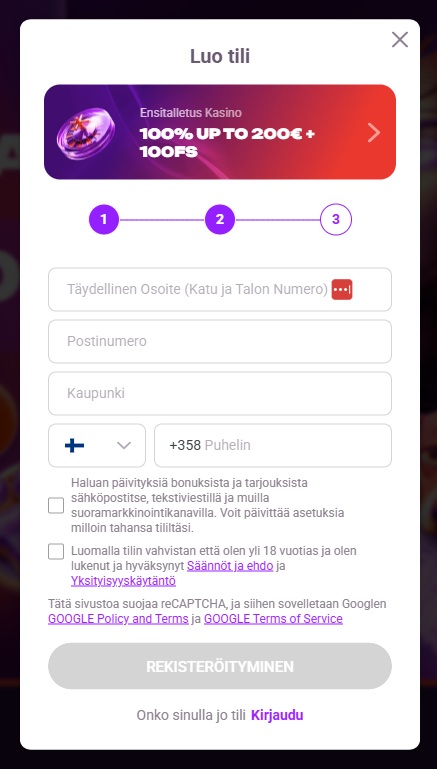 Tonybet Casinon rekisteröitymisen kolmas vaihe, jossa täytetään osoite- ja puhelinnumerotiedot sekä hyväksytään käyttöehdot.