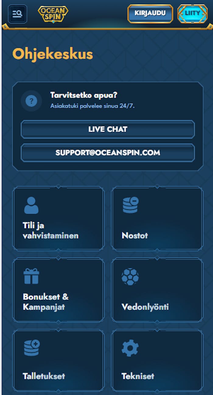 Oceanspin casinon asiakastuen palvelukanavat esiteltynä.