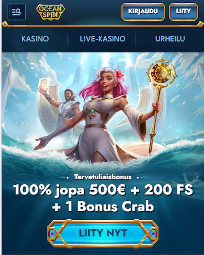 Oceanspin kasinon etusivu, jossa mainostetaan tervetuliaisbonusta.