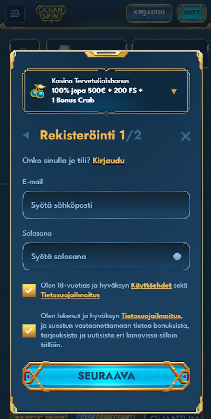 Oceanspin casinon rekisteröintilomake, joka on suomeksi.
