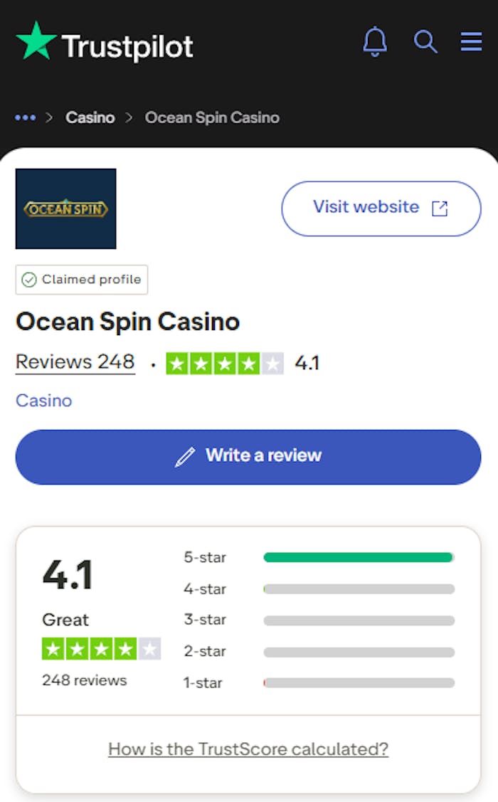Oceanspin kasinon trustpilot-arvion yhteenveto.