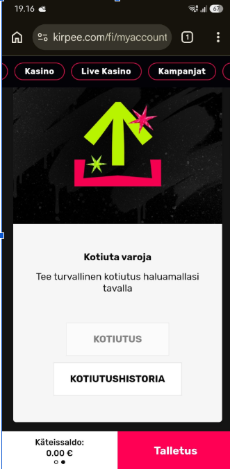 Kotiutushistoria-näkymä Kirpee Kasinolla.