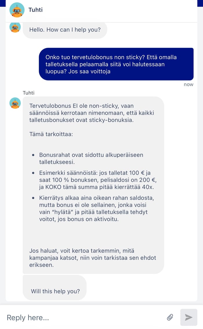 Keskustelunaloitus Tuhti-kasinon live chatissa.