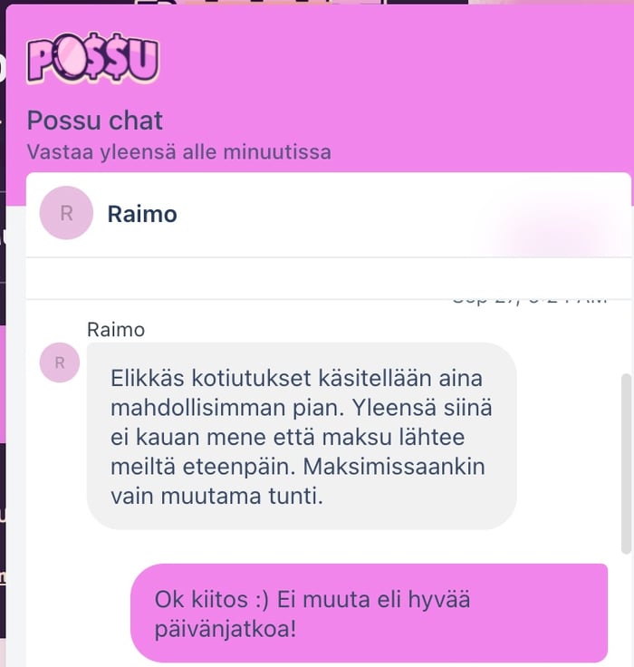 Possu kasinon live-chat vastaus.