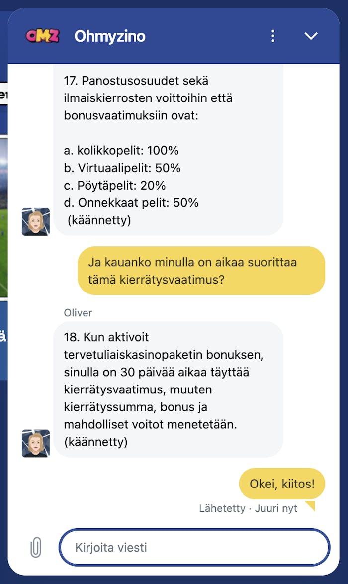 OhmyZino asiakaspalvelija vastaa kopioimalla suoraan kasinon ehdoista