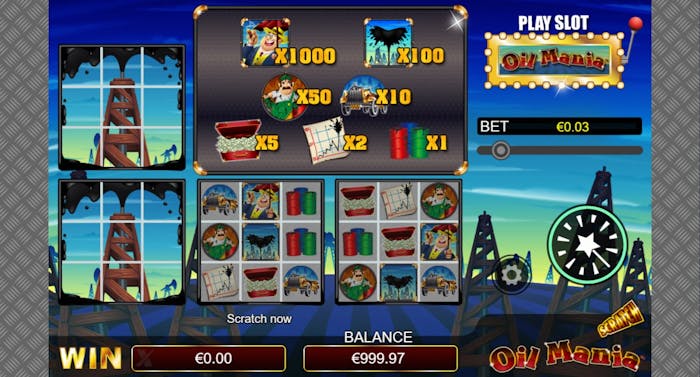 Oil Mania Scratch -raaputusarpa netissä, jossa öljykaivosmiehet ja barrelit tarjoavat voittokertoimia.