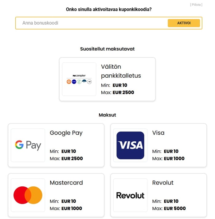 Maksutavan talletusrajan vaihtelee valitun metodin mukaan.