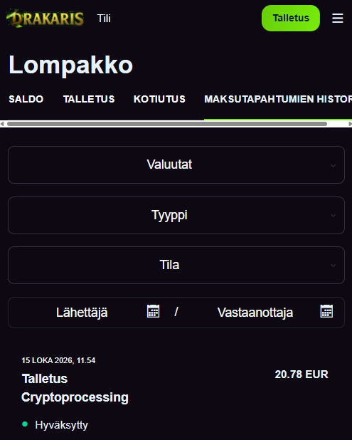 Drakaris Casinon lompakko: 20,78 €:n Bitcoin-talletus Cryptoprocessing-maksutavalla hyväksytty.
