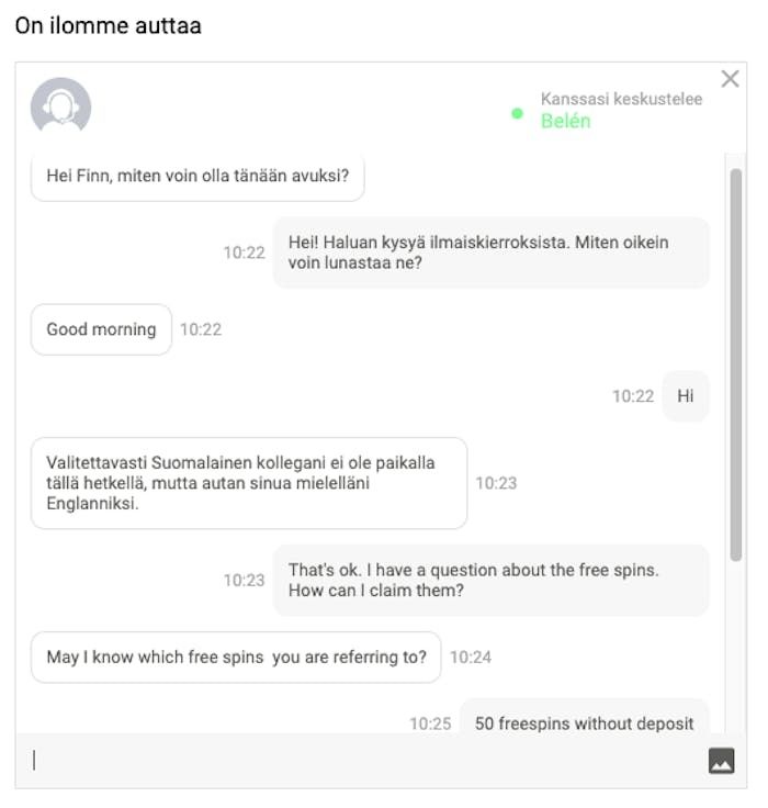 Keskustelu One Casinon live chat työntekijän kanssa