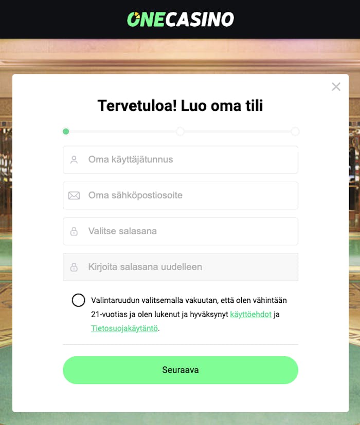 Kuvassa näkyy One Casinon rekisteröintiprosessin alku