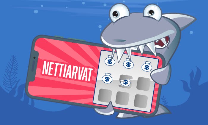 Kasinohai pitää kännykkää, jossa lukee