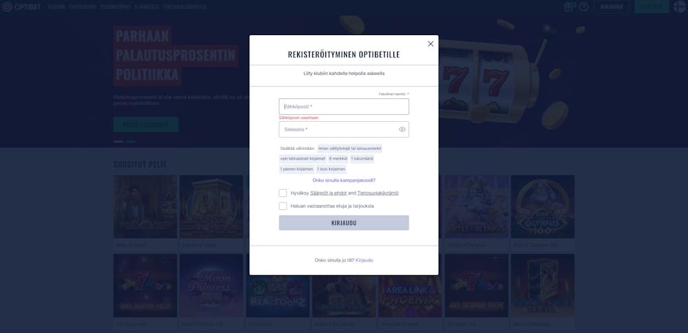optibet ilmoittautumissivu