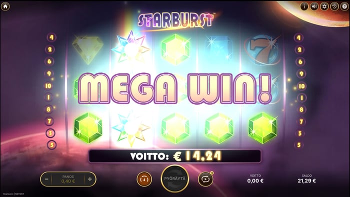 14,24 € voitto Starburst-pelissä.