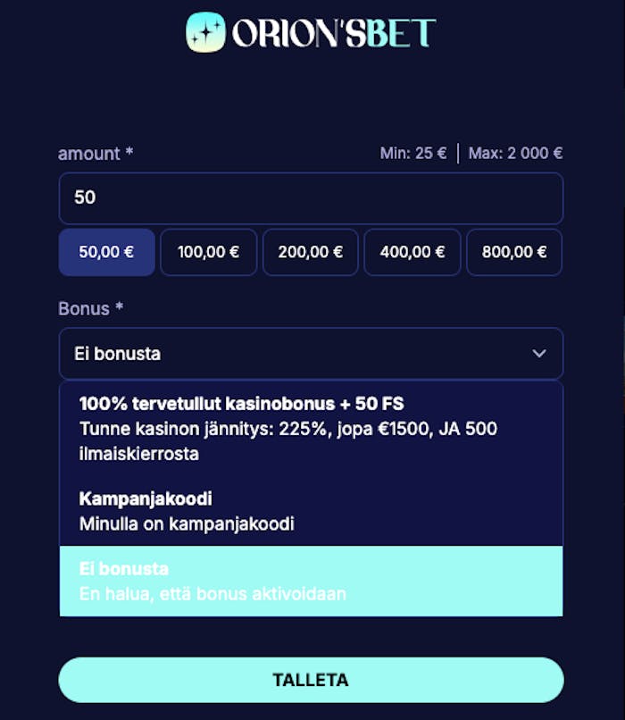 Pelaaja voi valita bonuksen pelinalkuun OrionsBet kasinolla