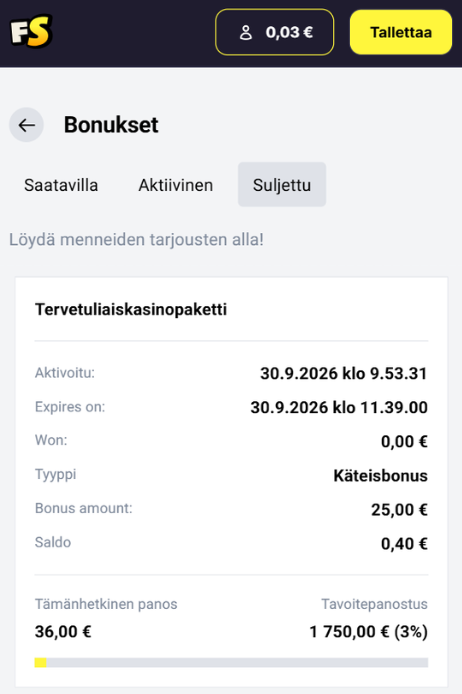 Freespinzan 25 euron talletus ja 1750 euron kierrätystavoite.