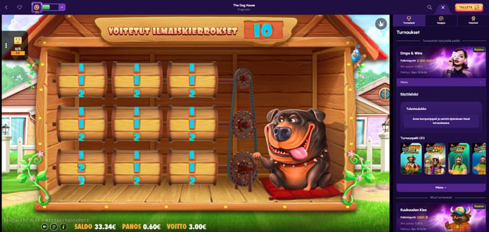 The Dog House -kolikkopelin ilmaiskierrospeli NovaJackpot-kasinolla, jossa on voitettu 10 ilmaiskierrosta ja ruudulla näkyvät tynnyrivalinnat