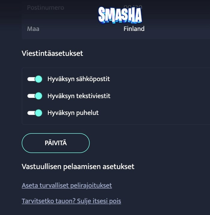 Smasha Casinon ikkuna, jossa hyväksytään markkinointiposti.