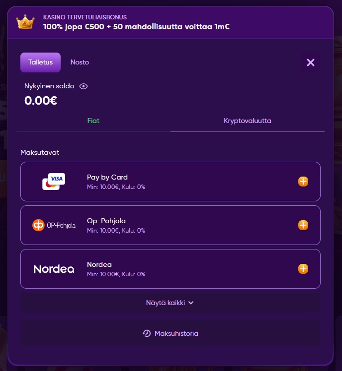 Kingmaker Casinon talletussivu, jossa maksutapoina näkyvät Pay by Card, OP-Pohjola ja Nordea.