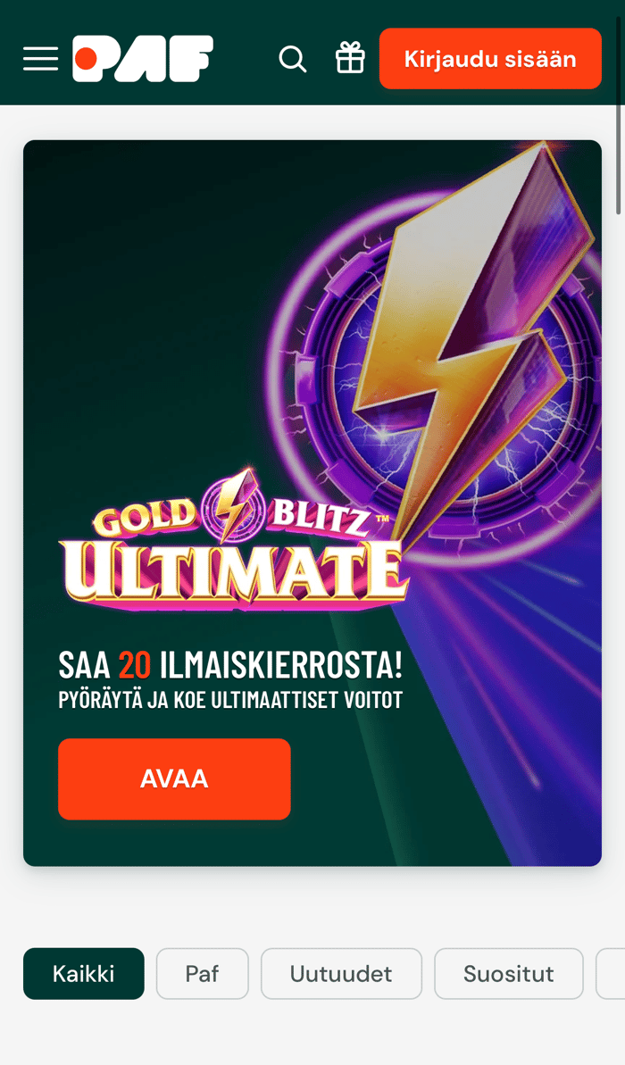 Paf Casino toimii mobiilissa selaimen ja sovelluksen kautta. Valitsi kumman vain, pelikokemus on laadukas.