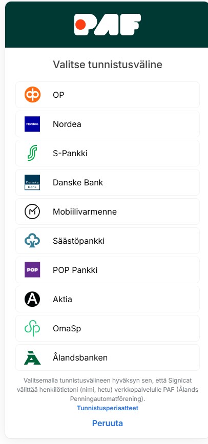 Paf kasinolle rekisteröidytään tunnistautumalla pankkitunnuksilla tai mobiilivarmenteella. Sen yhteydessä luodaan käyttäjätunnus ja salasana, joita käytetään jatkossa kirjautumiseen.