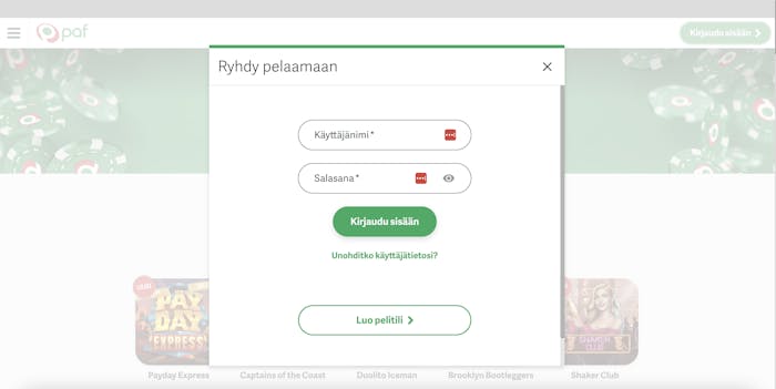 paf casino sign up page