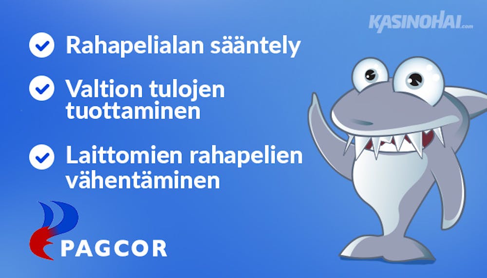 PAGCOR-lisenssillä on kolme päätehtävää, jotka Kasinohai esittelee kuvassa: rahapelialan sääntely, valtion tulojen tuottaminen ja laittomien rahapelien vähentäminen.