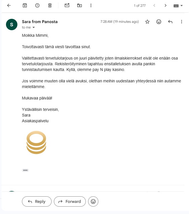 Panosta casinon asiakaspalvelijan sählöpostiviesti.