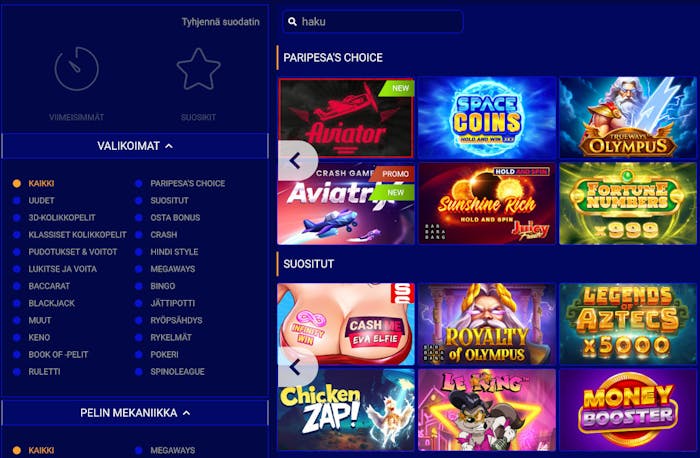Paripesa Casinon peliaula ja kategoriat