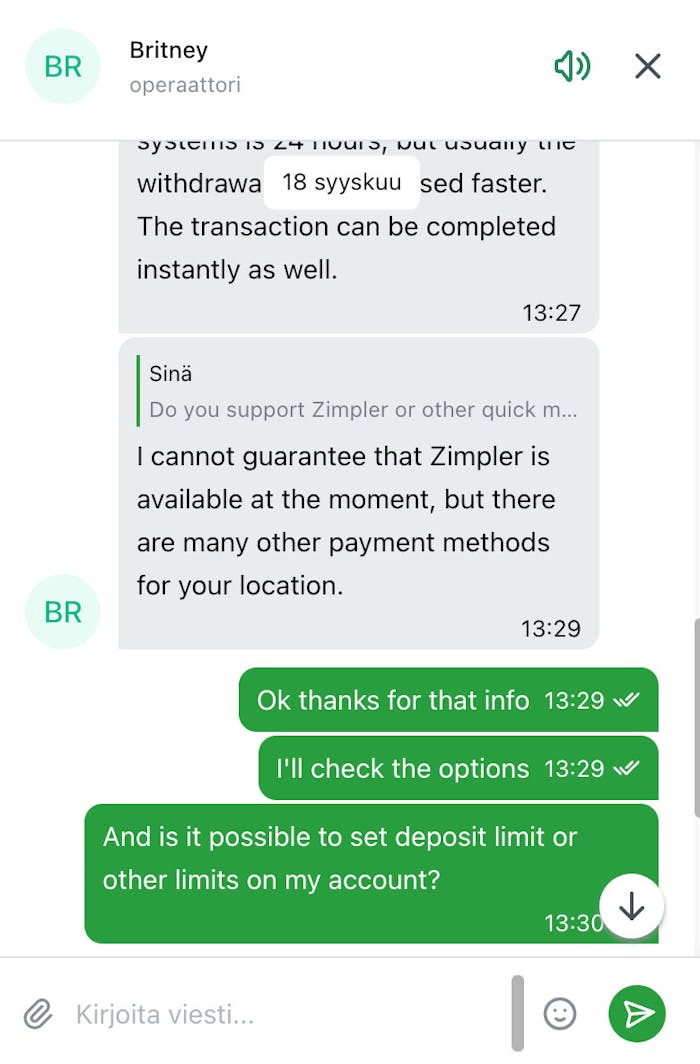 Paripesa Casino palvelee live-chatissa englanniksi