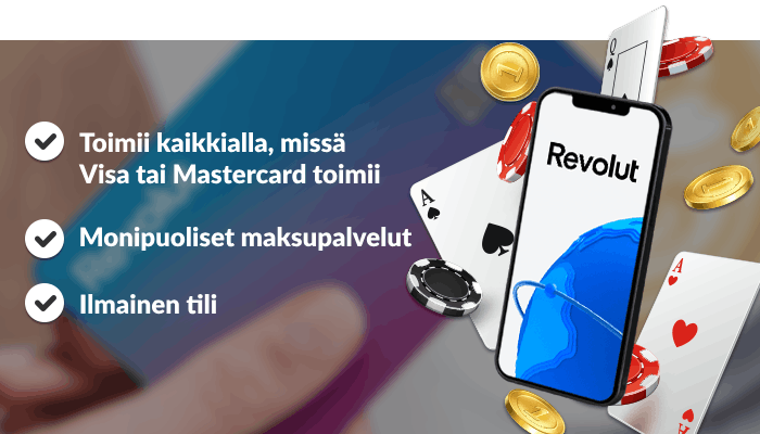 Lista Revolut-kasinoiden hyvistä puolista, kuten monipuoliset maksupalvelut ja ilmainen tili.