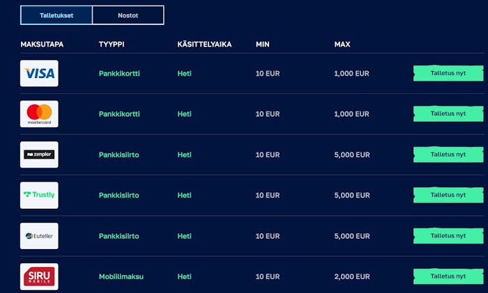 Arctic Casinon maksutapavalikko vaihtoehtoineen.