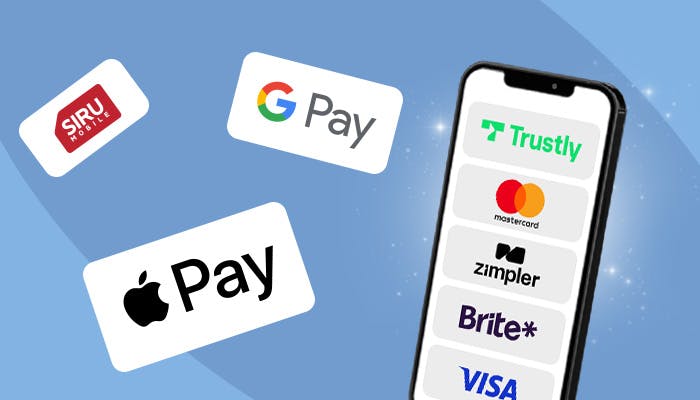 Älypuhelin, jonka ruudulla on suosittujen maksutapojen logoja, kuten Trustly, Siru Mobile, Apple Pay, Mastercard ja Zimpler