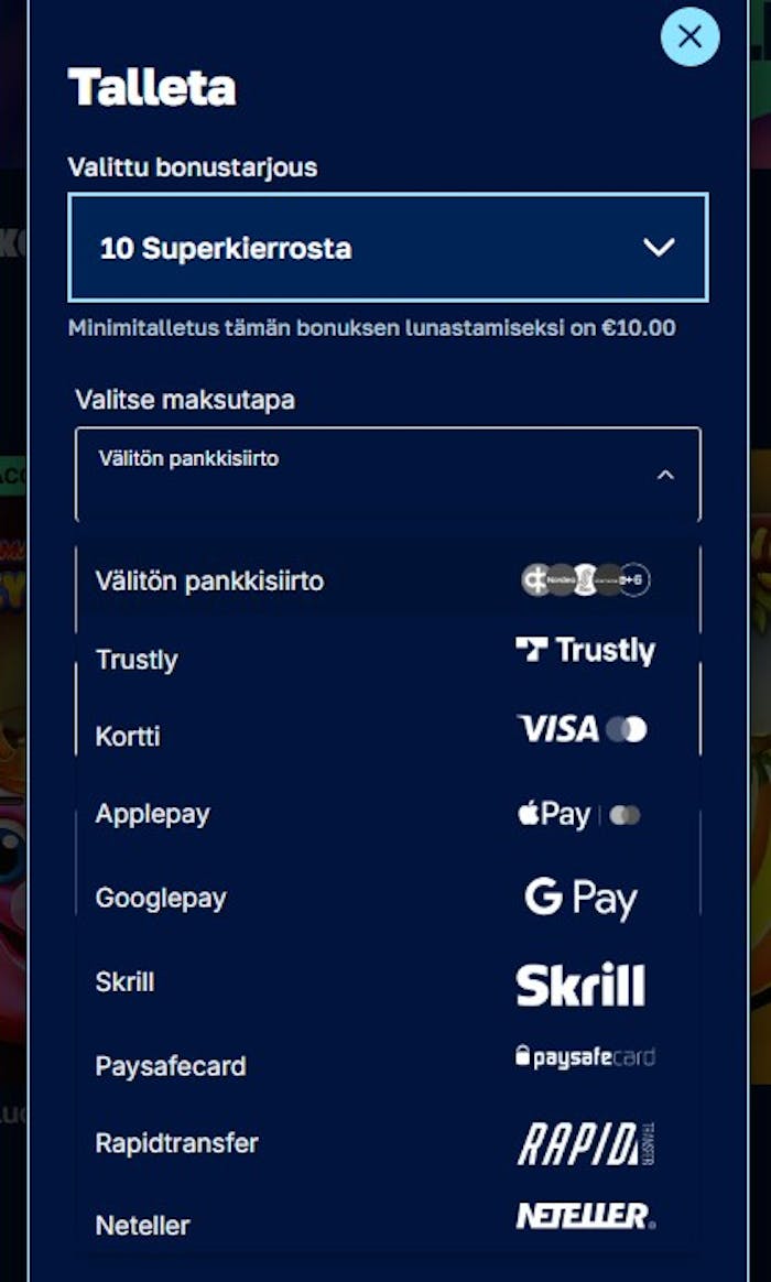 Maksutapavalikko perinteiseen tyyliin Arctic Casinolle rekister?ityville.