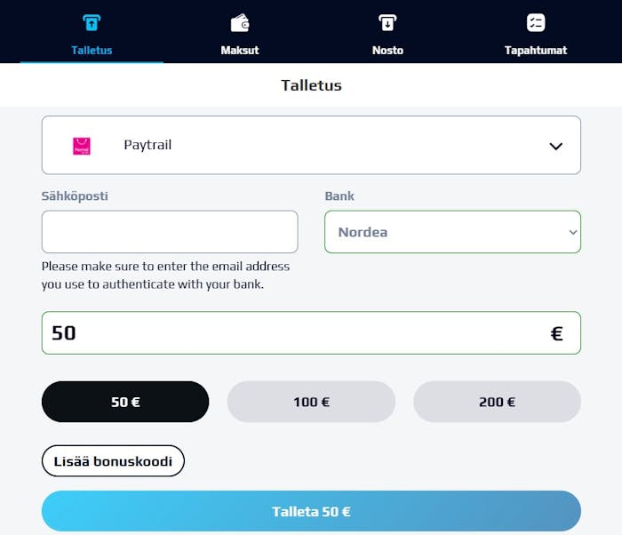 Näkymä Paytrail-talletuksen tekemiseen.