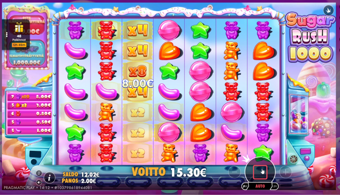 15,30 euron voitto Sugar Rush 1000 -pelistä.