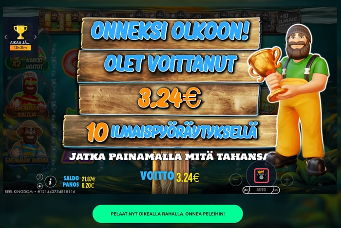 Big Bass Trophy Catchin voittoruutu Pelifantilla: 3,24 euroa kymmenellä ilmaiskierroksella.